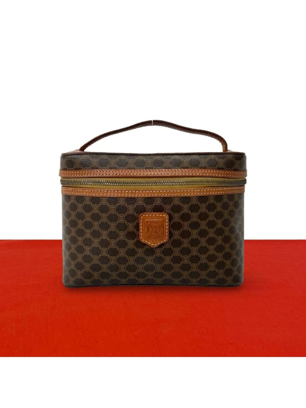 Celine Macadam Blason Triomphe Pattern Leather Handbag Vanity Pouch Brown